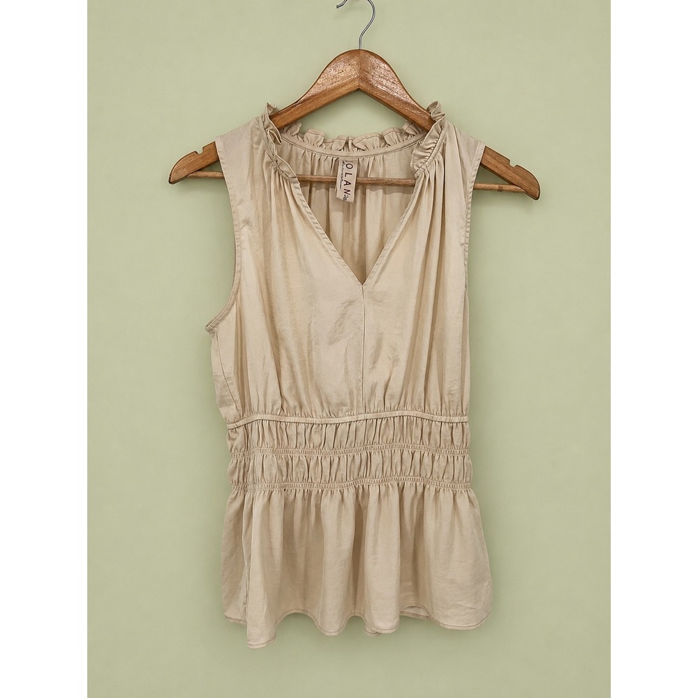 Dolan Peplum Blouse Women SBeige Smocked Ruffle Neck Minimalist Career Neutral